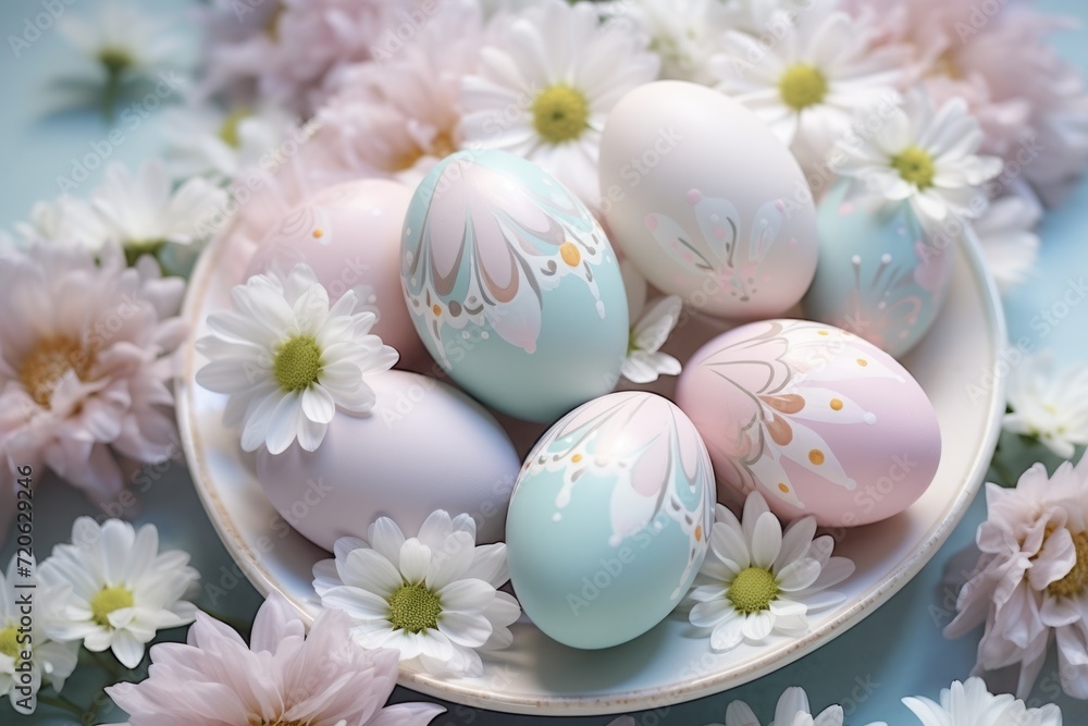 colorful pastel painted easter eggs on plate and flowers. festive serving.