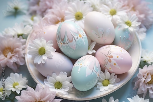 colorful pastel painted easter eggs on plate and flowers. festive serving.