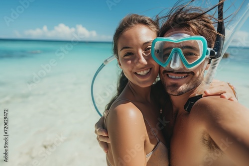Happy young woman with arm around boyfriend holding snorkel and scuba mask enjoying sunny day at beach  © Straxer