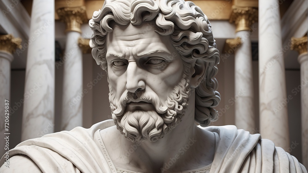 Photorealistic stoic greek marble statue in temple, Stoics and stoicism motivational and inspirational quotes