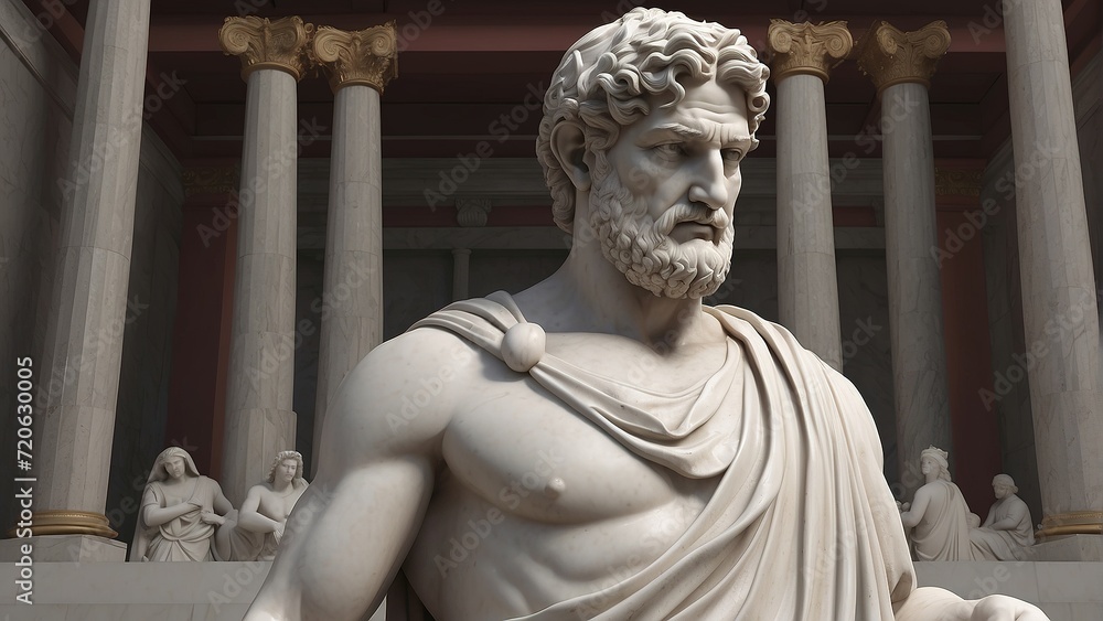 Photorealistic stoic greek marble statue in temple, Stoics and stoicism motivational and inspirational quotes