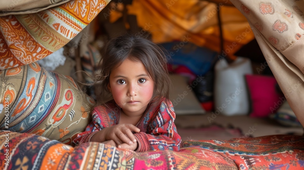 A little girl plays with dolls in a makeshift hut made of pillows and blankets