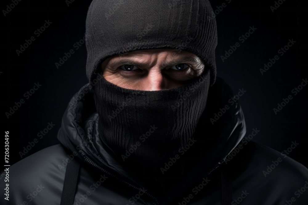 a stern man in a black balaclava. a villain, a robber who covered his face with a mask. portrait close-up, dark background. a stern man in a black balaclava. a villain, a robber who covered his face with a mask. portrait close-up, dark background.