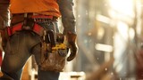 Close-up of Maintenance worker with bag and tools kit wearing on waist. selective focus, text space.