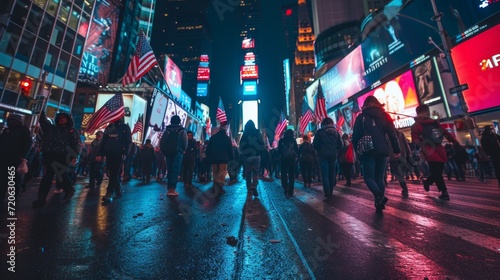 A group of people walk down the street with American flags photo