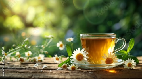 a cup of green tea next to chamomile flower on a wooden table. blurred background of summer garden from behind