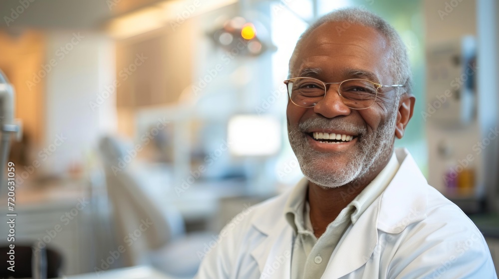 Fototapeta premium A Happy Senior Man Poses for the Camera at the Dentist's Office