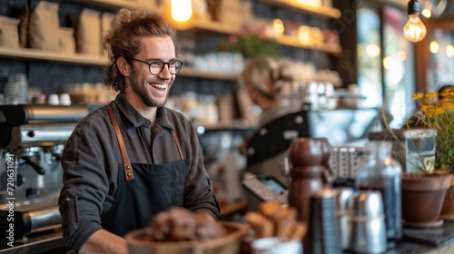 A cheerful barista engaging in conversation with a guest at the bar counter