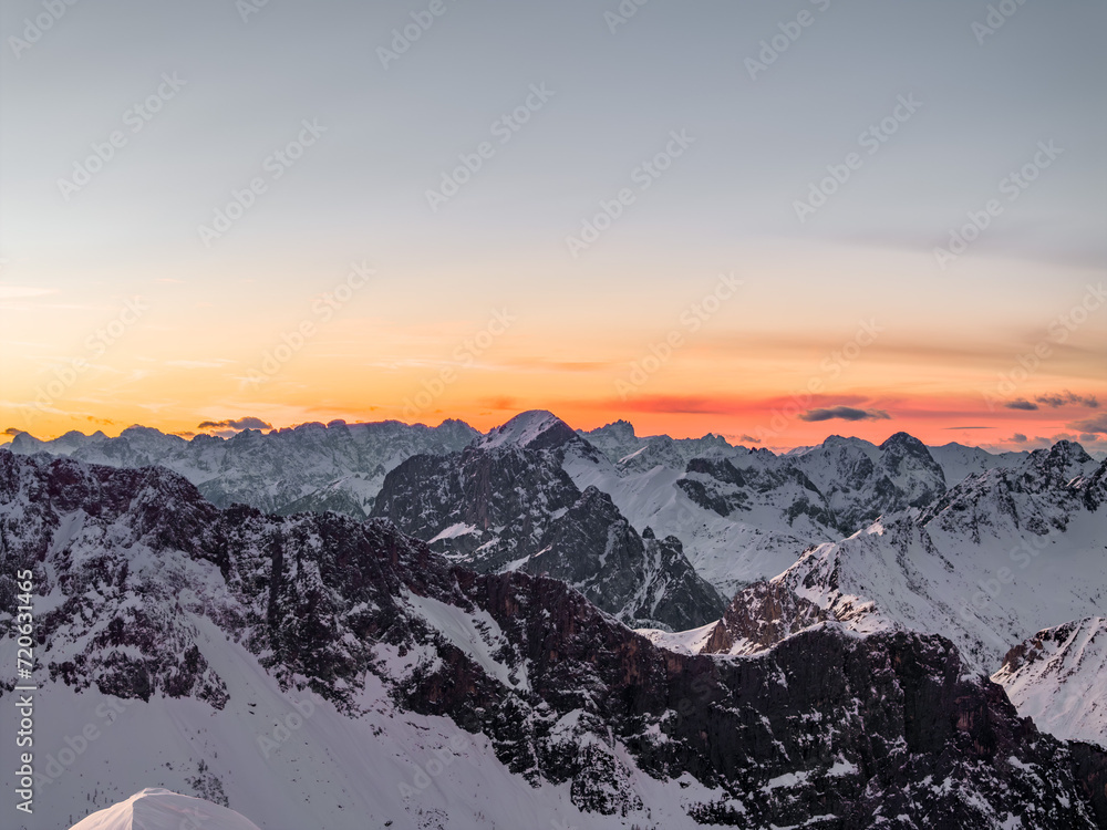 Snowy Mountain Landscape in the Sunset Lights