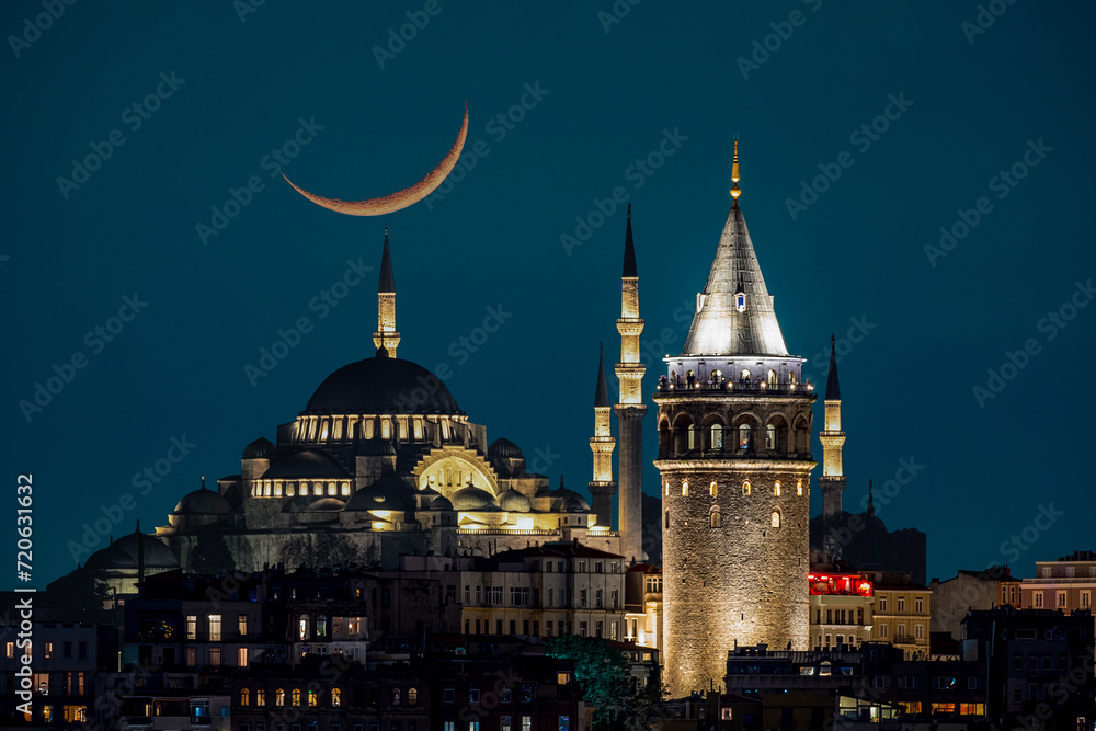 Fototapeta premium Skyline of istanbul. Galata Tower, Suleymaniye Mosque (Ottoman imperial mosque). Istanbul Turkey.