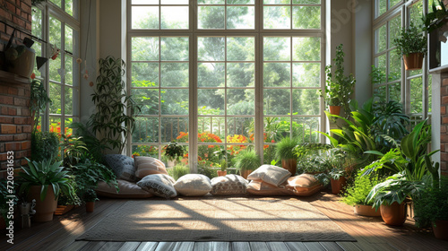 A charming sunroom with floor-to-ceiling windows, a cozy window seat, and potted plants, offering a sunny retreat for enjoying morning coffee or curling up with a good book.