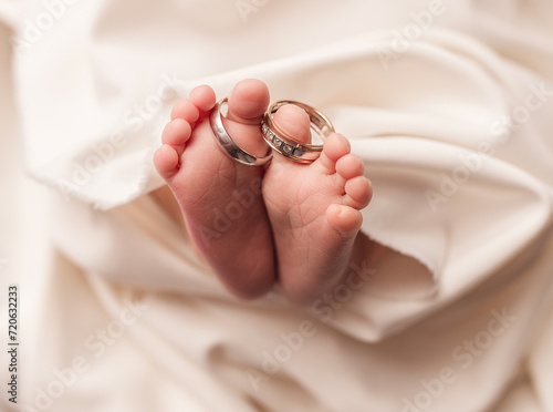 Feet of a newborn baby on a white background.Wedding rings.Background for a newborn photo shoot.