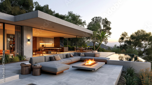 A chic and modern outdoor lounge area with a cozy sectional sofa, a fire pit, and panoramic views of the surrounding landscape, creating the perfect setting for outdoor entertaining and relaxation. photo