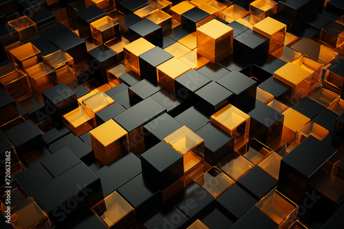 Modern black and yellow square blocks. Futuristic illustration abstract 3d geometric shapes