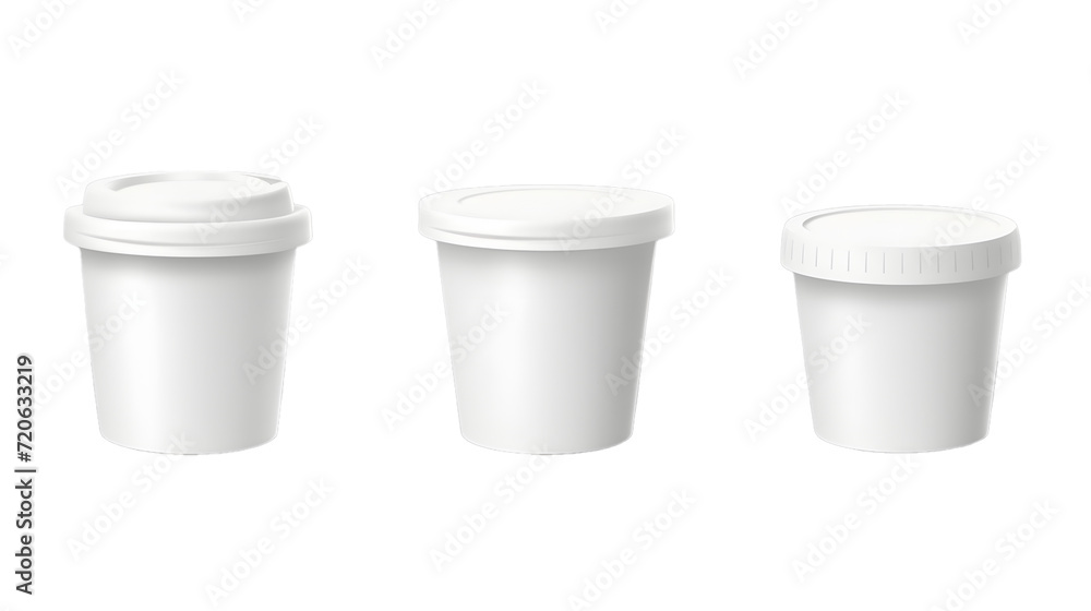Ice cream package, white plastic container. 3d mockup of blank bucket with lid for yogurt, dairy products, butter or gelato. Round food jar with cap in front and angle view, vector Ice cream package, white plastic container. 3d mockup of blank bucket with lid for yogurt, dairy products, butter or gelato. Round food jar with cap in front and angle view, vector