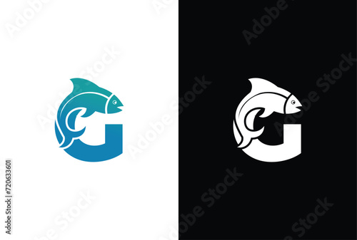 Initial Letter G Fish Logo Design Vector Icon Graphic Emblem Illustration. Word mark logo icon formed fish symbol in letter G in White background.