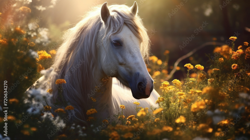 Horse bathed in sunlight, surrounded by wildflowers Horse bathed in sunlight, surrounded by wildflowers