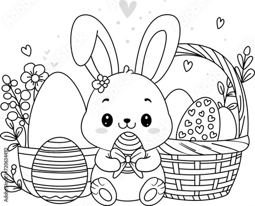 bunny and easter eggs in basket coloring page for printable