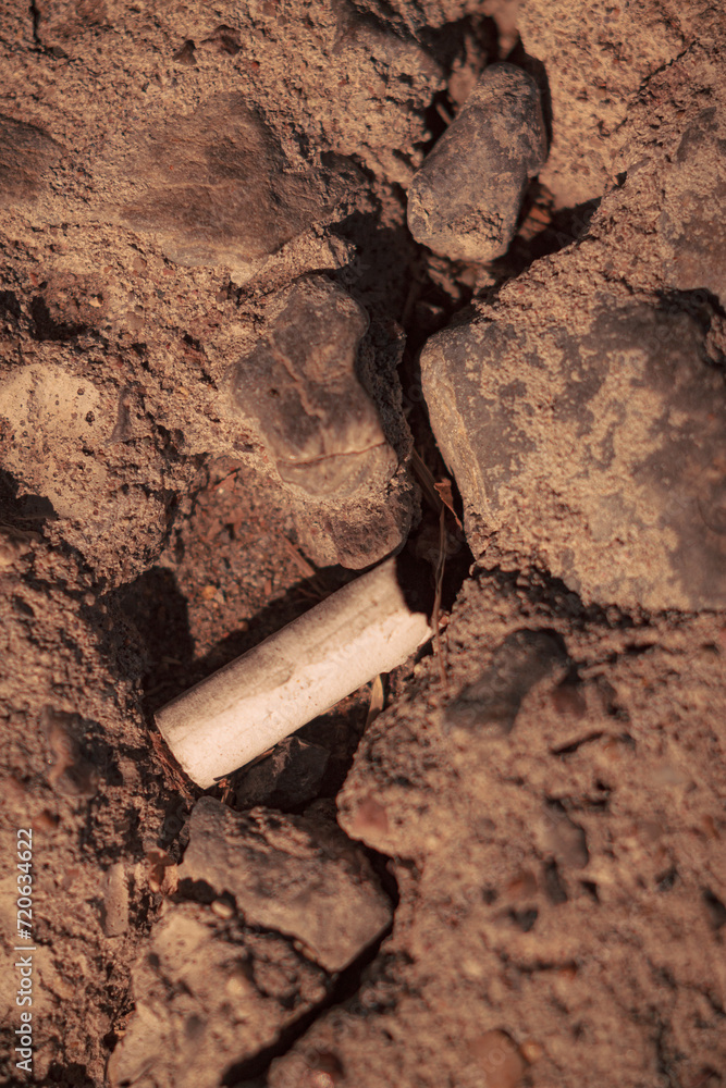 una colilla de cigarrillo botada llega a un grieta del suelo donde se ...