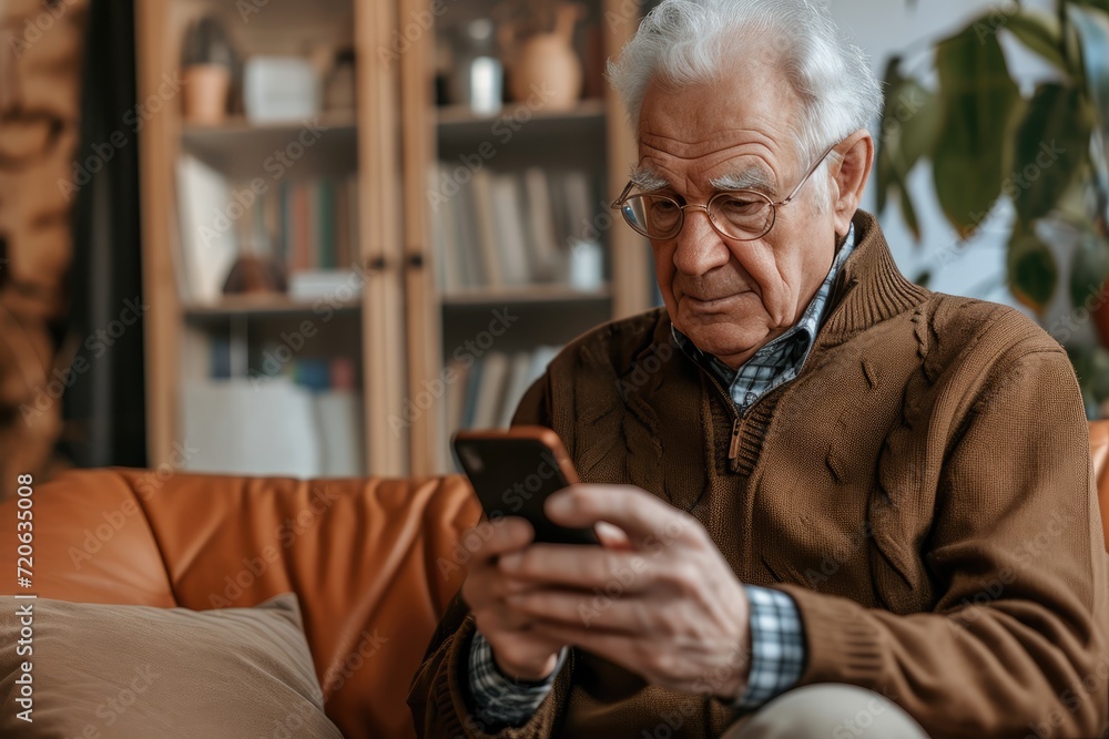 Senior man at home entering verification code in smartphone, fraud prevention concept. Senior man at home entering verification code in smartphone, fraud prevention concept.