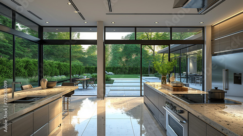 A modern kitchen with sleek countertops, stainless steel appliances, and a spacious island, bathed in natural light streaming in through floor-to-ceiling windows overlooking a manicured backyard. © Dani 