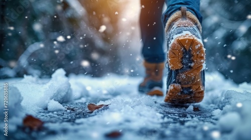 Winter Adventure. Close-Up of Runner's Legs Trekking Through Snow 