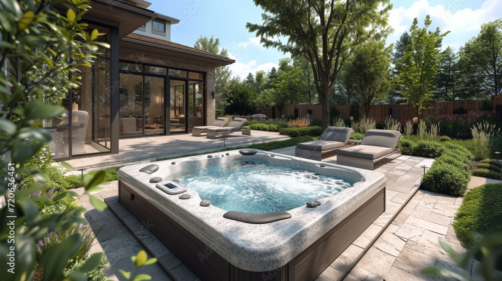  A serene backyard patio with a bubbling hot tub, comfortable lounge chairs, and a built-in fire pit surrounded by lush landscaping, creating the perfect outdoor oasis for relaxation and entertaining.