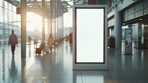 A mockup poster displayed on a street in an airport, featuring a sleek white background and a stunning futuristic cityscape in the backdrop