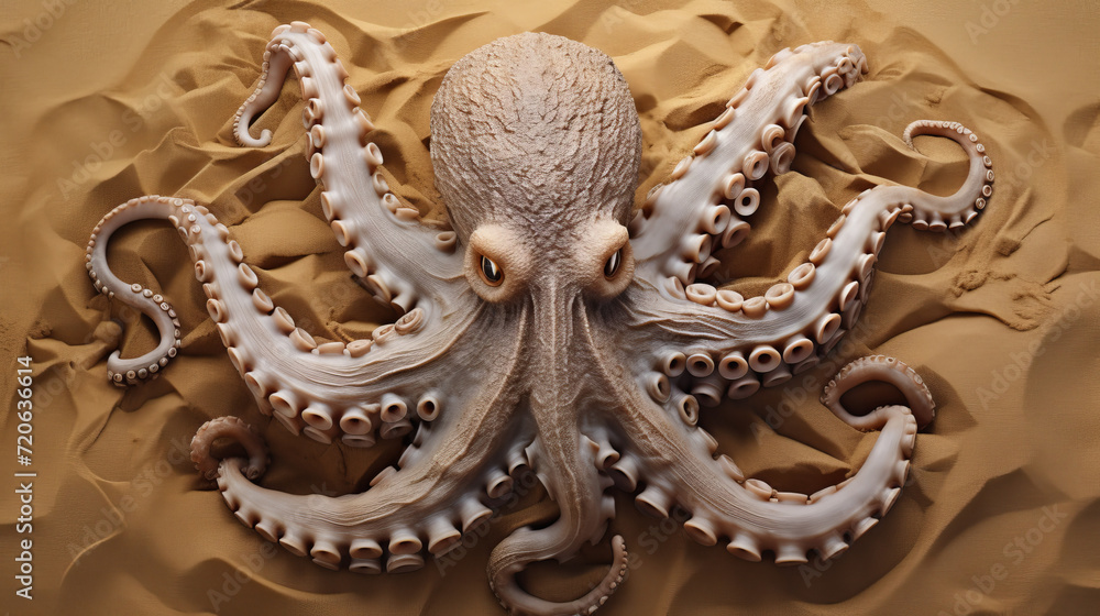 Octopus camouflaging itself against a textured sandy seabed Octopus camouflaging itself against a textured sandy seabed