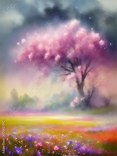 Watercolor meadow paint. AI generated illustration