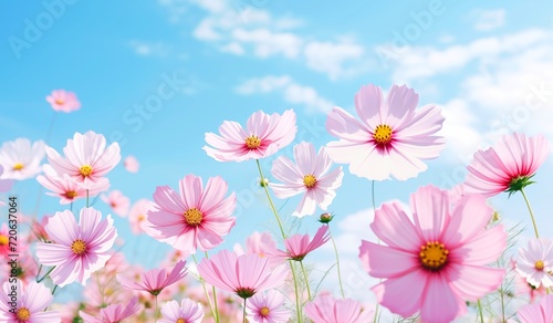 pink cosmos flowers on a clear sky day in tropical weather. The beauty of vibrant blossoms in a tropical setting. © PJang