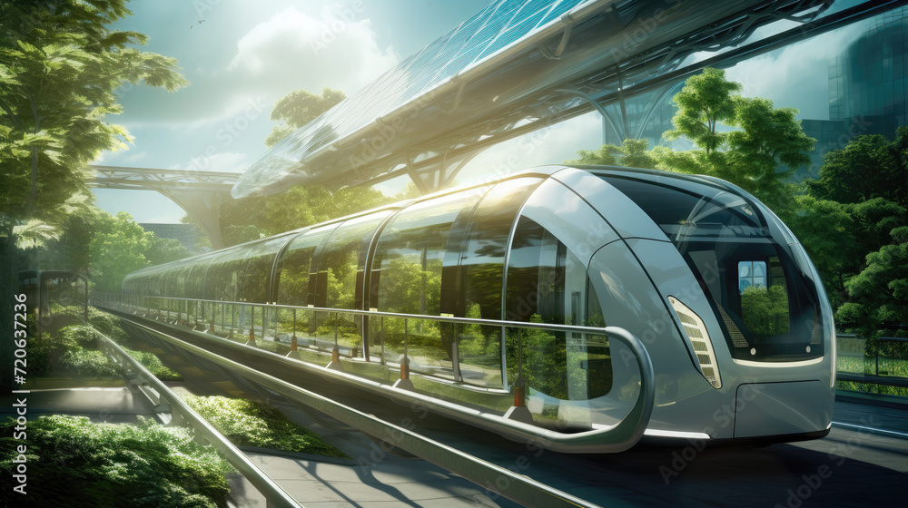 Naklejka premium Sleek monorail gliding through a lush green landscape with futuristic architecture.