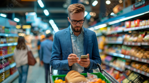 man in a blue blazer and glasses is using his smartphone while shopping in a grocery store