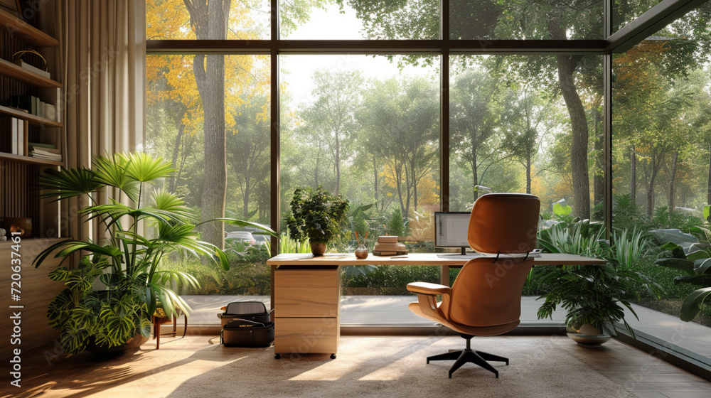A sophisticated home office with a sleek desk, a comfortable chair, and floor-to-ceiling windows overlooking a manicured backyard garden, providing a peaceful and inspiring workspace.