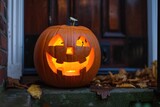 carved and illuminated jack-o-lantern on a doorstep House with halloween orange pumpkin decoration, jack o lanterns with spooky faces on porch