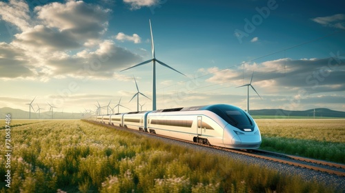 High-speed train passing by wind turbines in a field under a partly cloudy sky.