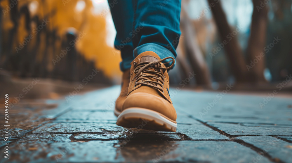 Walking in the city on a wet street. Brown shoes and jeans Walking in the city on a wet street. Brown shoes and jeans
