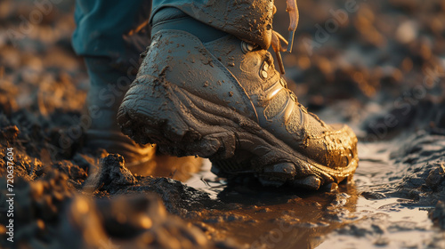 Boots in muddy ground during a hike