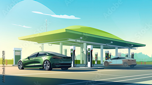 Electric cars charging at a station with a clear sky and mountains in the background.   © AdriFerrer