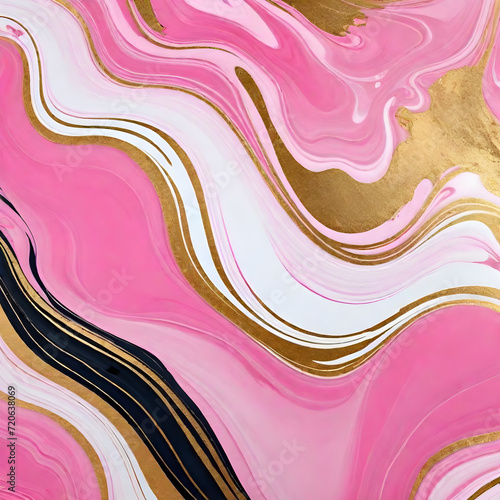 Abstract marble marbled stone ink liquid fluid painted painting texture luxury background banner - Pink petals, blossom flower swirls gold painted lines.