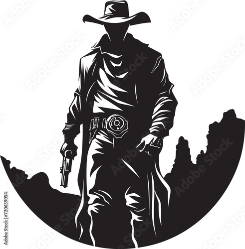 Wrangler Warrior Cowboy Gun Logo Icon High Noon Heroics Vector Cowboy with Gun Emblem