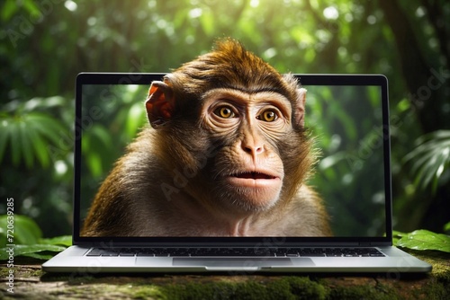 macaque monkey goes through screen of laptop on table in jungle forest, communication technology with sustainability concept, nature saving technology