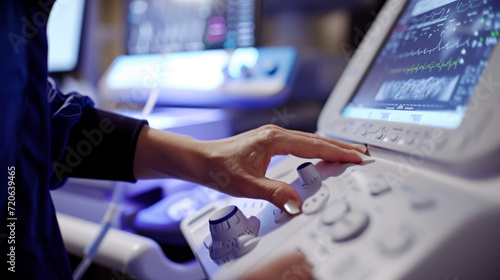 Close-up view of a healthcare professional's hands operating an ultrasound machine photo