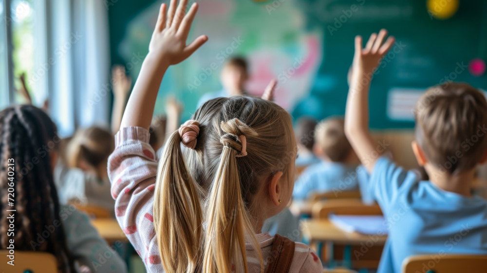 Fototapeta premium classroom scene with students raising their hands to answer a question or participate in the lesson