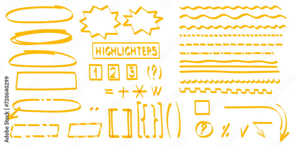 Highlighters line in doodl style.Underline, round, arrows, punctuation