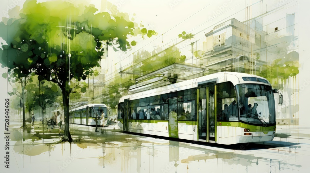 Artistic sketch of trams moving through a green urban scene.