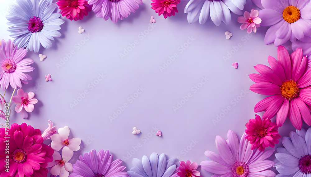 Beautiful Floral frame, Colorful flowers border, Flower background, Spring brightly colored flowers with copy space in the center, Colorful flowers made of paper, rectangular frame by colorful flowers