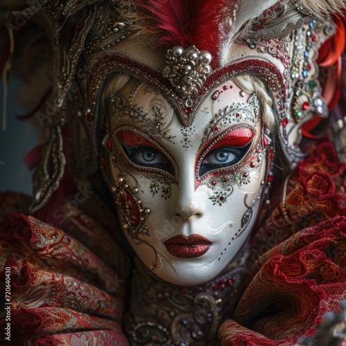 Studio portrait of a person in an avant-garde Rio or Venetian carnival costume with a bright feather mask and sequined outfit