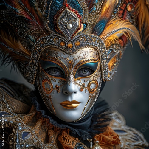 Studio portrait of a person in an avant-garde Rio or Venetian carnival costume with a bright feather mask and sequined outfit © Татьяна Креминская