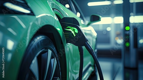 Green electric car charging at a station with a glowing plug.